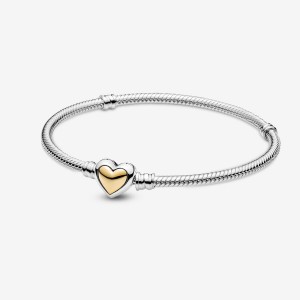 Pandora Domed Golden Heart Clasp Snake Charm Bracelets Two-tone | CDW-239680