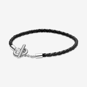 Pandora Moments Braided Leather T-bar Charm Holders Sterling Silver | STM-852913