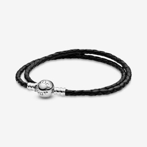 Pandora Moments Double Black Leather Charm Bracelets Sterling Silver | QSZ-418650