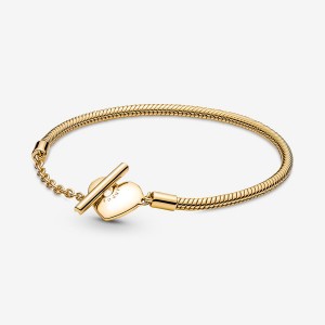 Pandora Moments Heart T-Bar Snake Charm Bracelets Gold Plated | NHW-639107