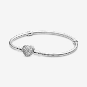 Pandora Moments Sparkling Heart Clasp Snake Charm Bracelets Sterling Silver | UOD-085479