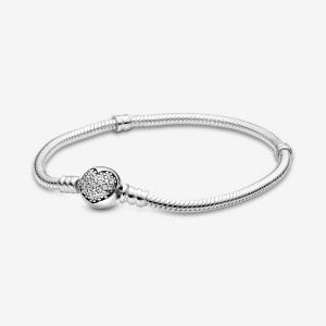 Pandora Moments Sparkling Heart Clasp Snake Charm Bracelets Sterling Silver | TRY-984256